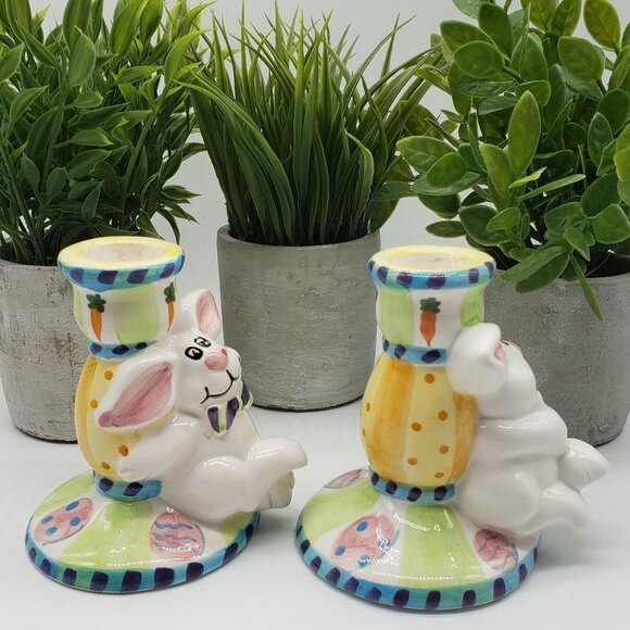 Easter Rabbit Ceramic Hand Painted Candle Stick Holders Set of 2 - Picture 4 of 7